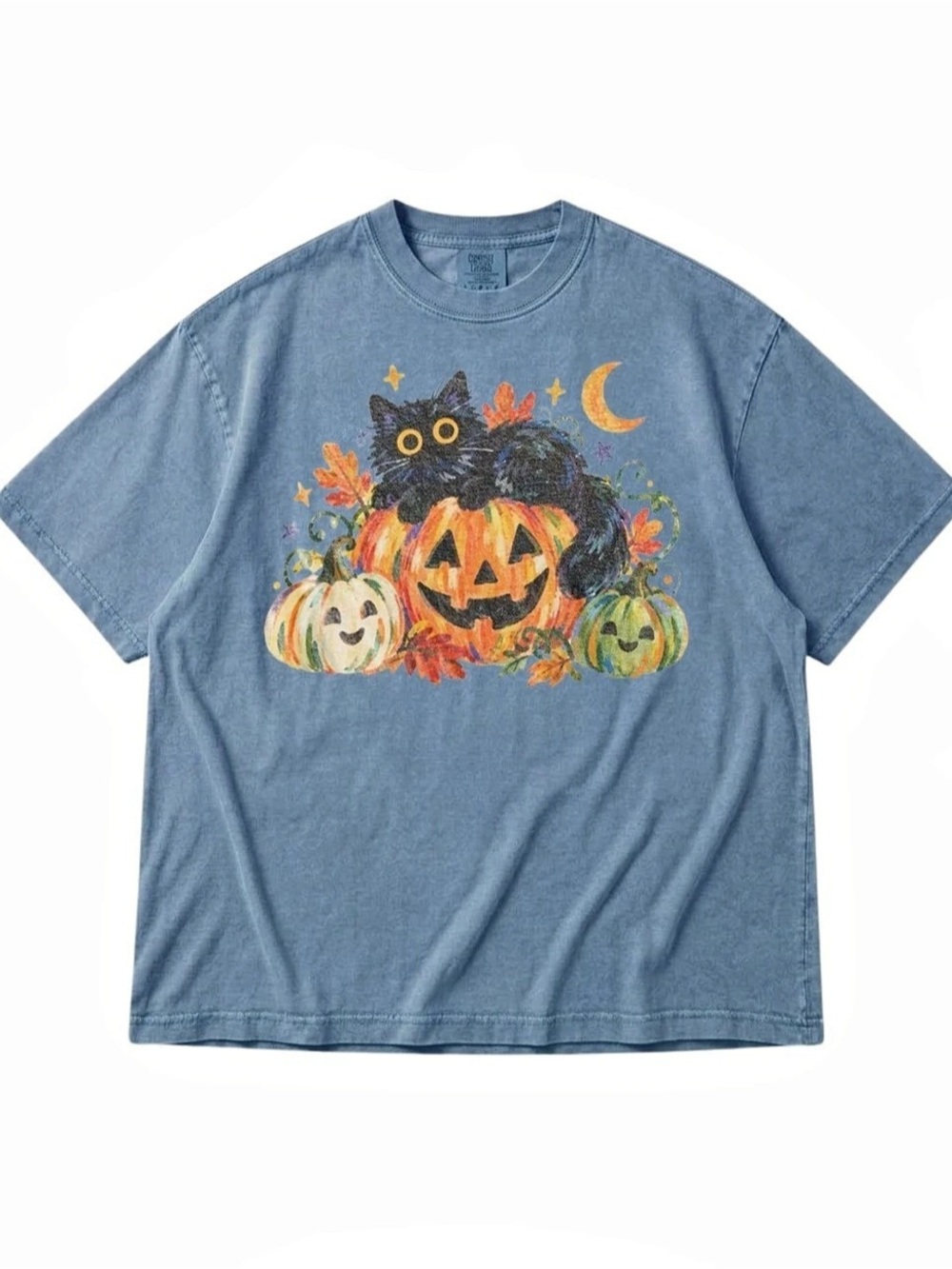 Comfort Colors Blue Jean Unisex Heavyweight T-Shirt with Black Cat and Pumpkins
